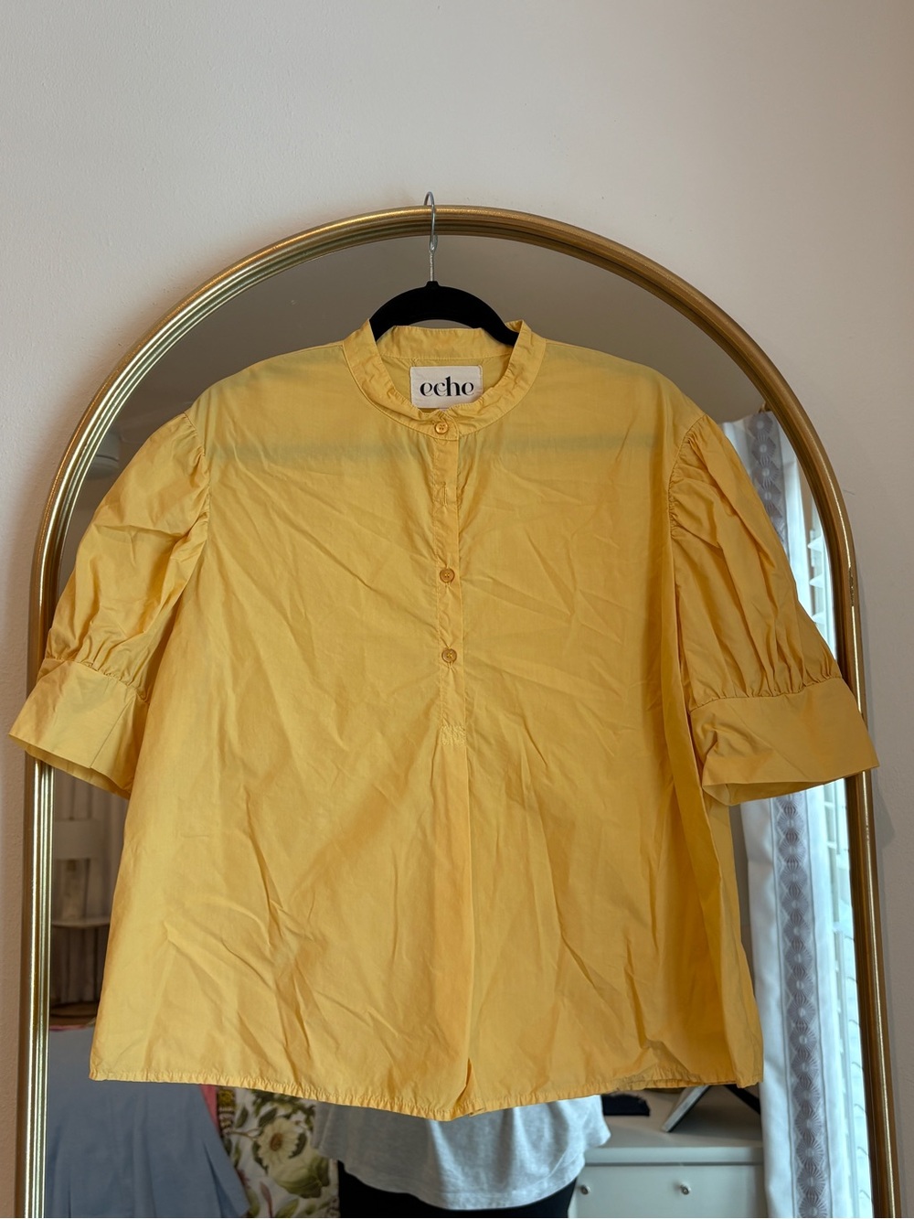 Echo Yellow Puff-Sleeve Button Blouse